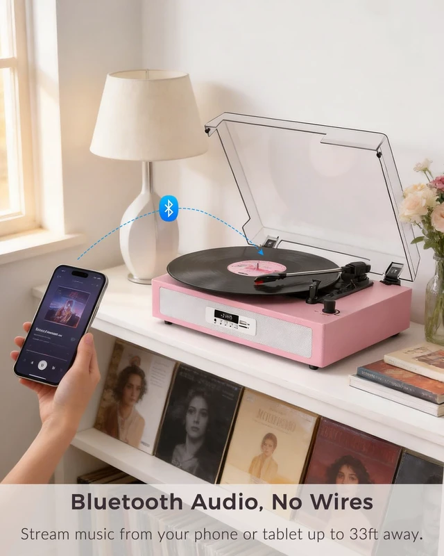 Alt view image 2 of 7 - Vinyl Record Player, Built-in Dual Speakers, Anti-Vibration, Pink | Vintage Vinyl Player, 3-Speed Bluetooth Turntable with USB Recording & Playback, 5 EQ Modes, RCA Out, LED Display, Auto Stop