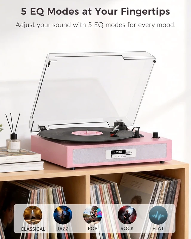 Alt view image 3 of 7 - Vinyl Record Player, Built-in Dual Speakers, Anti-Vibration, Pink | Vintage Vinyl Player, 3-Speed Bluetooth Turntable with USB Recording & Playback, 5 EQ Modes, RCA Out, LED Display, Auto Stop