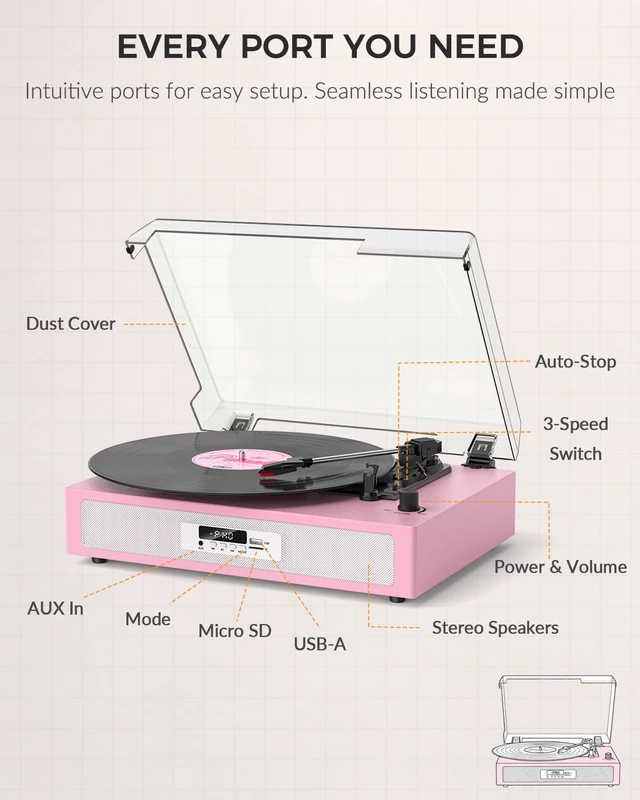 Alt view image 4 of 7 - Vinyl Record Player, Built-in Dual Speakers, Anti-Vibration, Pink | Vintage Vinyl Player, 3-Speed Bluetooth Turntable with USB Recording & Playback, 5 EQ Modes, RCA Out, LED Display, Auto Stop
