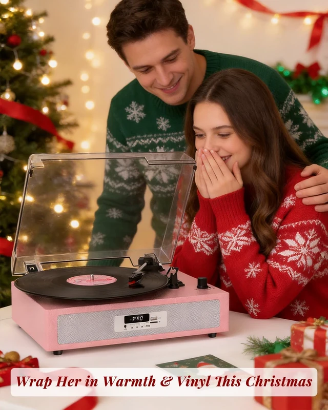 Alt view image 5 of 7 - Vinyl Record Player, Built-in Dual Speakers, Anti-Vibration, Pink | Vintage Vinyl Player, 3-Speed Bluetooth Turntable with USB Recording & Playback, 5 EQ Modes, RCA Out, LED Display, Auto Stop