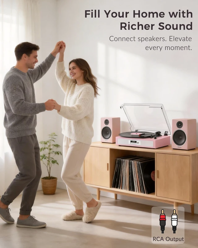 Alt view image 6 of 7 - Vinyl Record Player, Built-in Dual Speakers, Anti-Vibration, Pink | Vintage Vinyl Player, 3-Speed Bluetooth Turntable with USB Recording & Playback, 5 EQ Modes, RCA Out, LED Display, Auto Stop