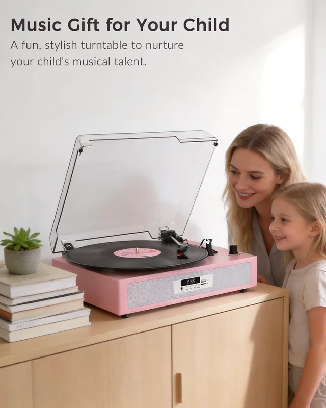 Alt view image 7 of 7 - Vinyl Record Player, Built-in Dual Speakers, Anti-Vibration, Pink | Vintage Vinyl Player, 3-Speed Bluetooth Turntable with USB Recording & Playback, 5 EQ Modes, RCA Out, LED Display, Auto Stop