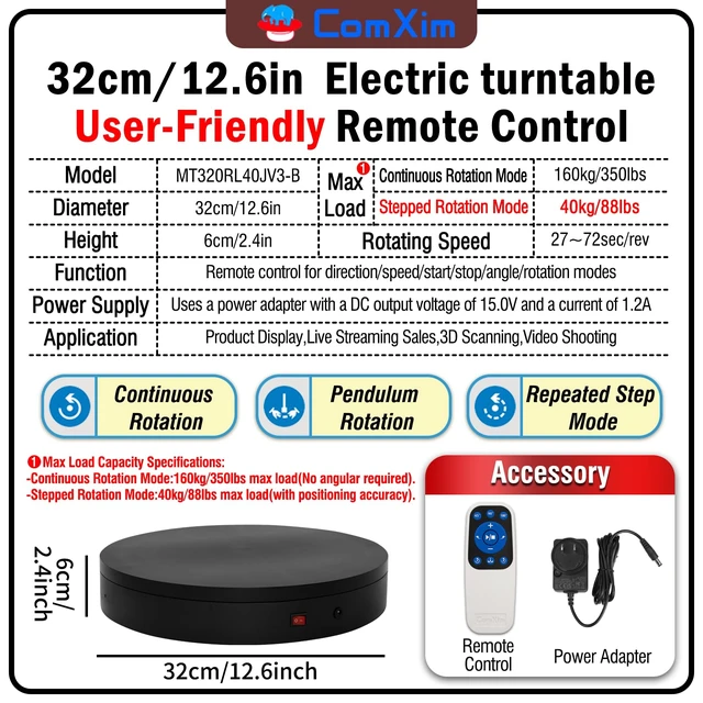 Alt view image 2 of 7 - 12.6Inch/350lbs Capacity Electric Motorized Turntable,Remote Rotating Display Stand ,Large Rotating Platform,Photography Turntable,Heavy Duty Display Turntables for Photography,3D Scanner,Exhibition