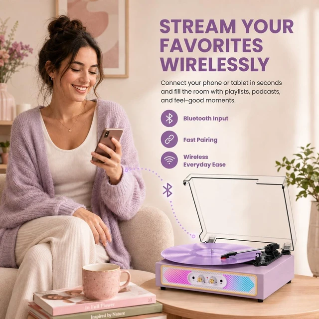 Alt view image 2 of 7 - Vinyl Record Player with Speakers, Bluetooth in, RGB Lights, Purple | 3-Speed Belt-Drive Turntable, Auto Stop, Adjustable Bass & Treble, RCA Output, AUX Input, Headphone Jack, Home Decor & Gifts