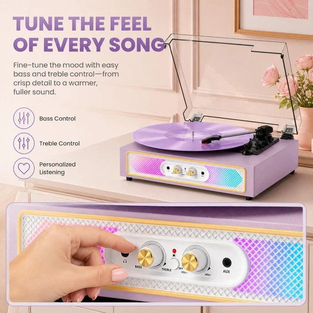 Alt view image 3 of 7 - Vinyl Record Player with Speakers, Bluetooth in, RGB Lights, Purple | 3-Speed Belt-Drive Turntable, Auto Stop, Adjustable Bass & Treble, RCA Output, AUX Input, Headphone Jack, Home Decor & Gifts