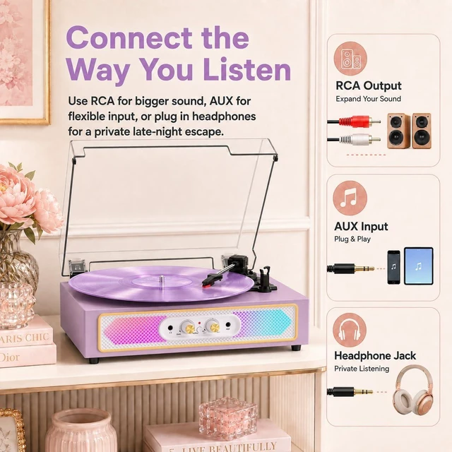 Alt view image 4 of 7 - Vinyl Record Player with Speakers, Bluetooth in, RGB Lights, Purple | 3-Speed Belt-Drive Turntable, Auto Stop, Adjustable Bass & Treble, RCA Output, AUX Input, Headphone Jack, Home Decor & Gifts