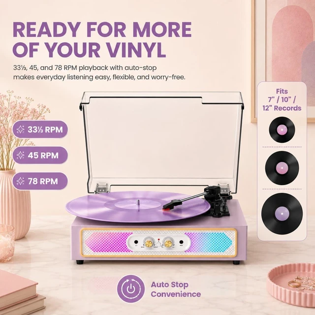 Alt view image 5 of 7 - Vinyl Record Player with Speakers, Bluetooth in, RGB Lights, Purple | 3-Speed Belt-Drive Turntable, Auto Stop, Adjustable Bass & Treble, RCA Output, AUX Input, Headphone Jack, Home Decor & Gifts