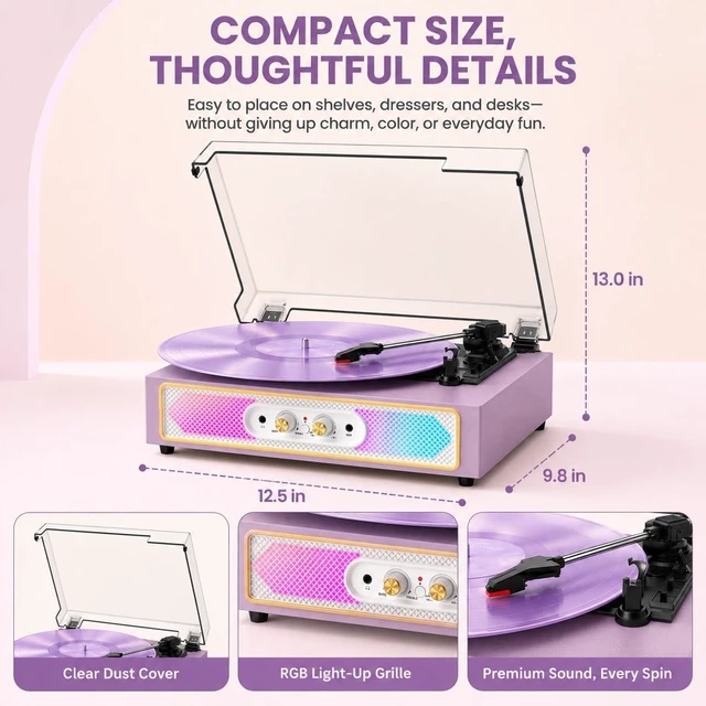 Alt view image 6 of 7 - Vinyl Record Player with Speakers, Bluetooth in, RGB Lights, Purple | 3-Speed Belt-Drive Turntable, Auto Stop, Adjustable Bass & Treble, RCA Output, AUX Input, Headphone Jack, Home Decor & Gifts