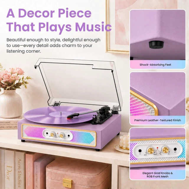 Alt view image 7 of 7 - Vinyl Record Player with Speakers, Bluetooth in, RGB Lights, Purple | 3-Speed Belt-Drive Turntable, Auto Stop, Adjustable Bass & Treble, RCA Output, AUX Input, Headphone Jack, Home Decor & Gifts