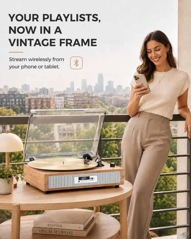 Alt view image 3 of 7 - VICTRESS Bluetooth Record Player, USB/TF Recording Turntable, Light Oak | Vinyl Player with Dual Speakers in Independent Chambers, 3 Speeds, Auto Stop, 5 EQ Modes, LED Display, AUX/RCA, Home Decor