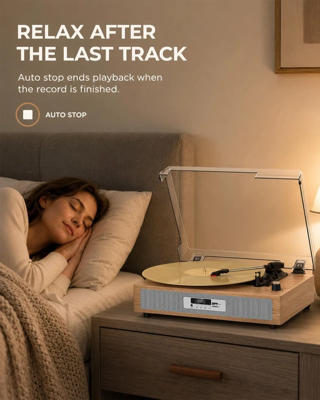 Alt view image 4 of 7 - VICTRESS Bluetooth Record Player, USB/TF Recording Turntable, Light Oak | Vinyl Player with Dual Speakers in Independent Chambers, 3 Speeds, Auto Stop, 5 EQ Modes, LED Display, AUX/RCA, Home Decor