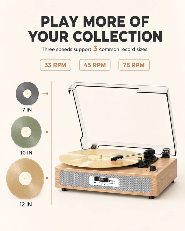 Alt view image 2 of 7 - VICTRESS Bluetooth Record Player, USB/TF Recording Turntable, Light Oak | Vinyl Player with Dual Speakers in Independent Chambers, 3 Speeds, Auto Stop, 5 EQ Modes, LED Display, AUX/RCA, Home Decor
