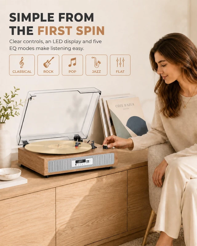 Alt view image 5 of 7 - VICTRESS Bluetooth Record Player, USB/TF Recording Turntable, Light Oak | Vinyl Player with Dual Speakers in Independent Chambers, 3 Speeds, Auto Stop, 5 EQ Modes, LED Display, AUX/RCA, Home Decor