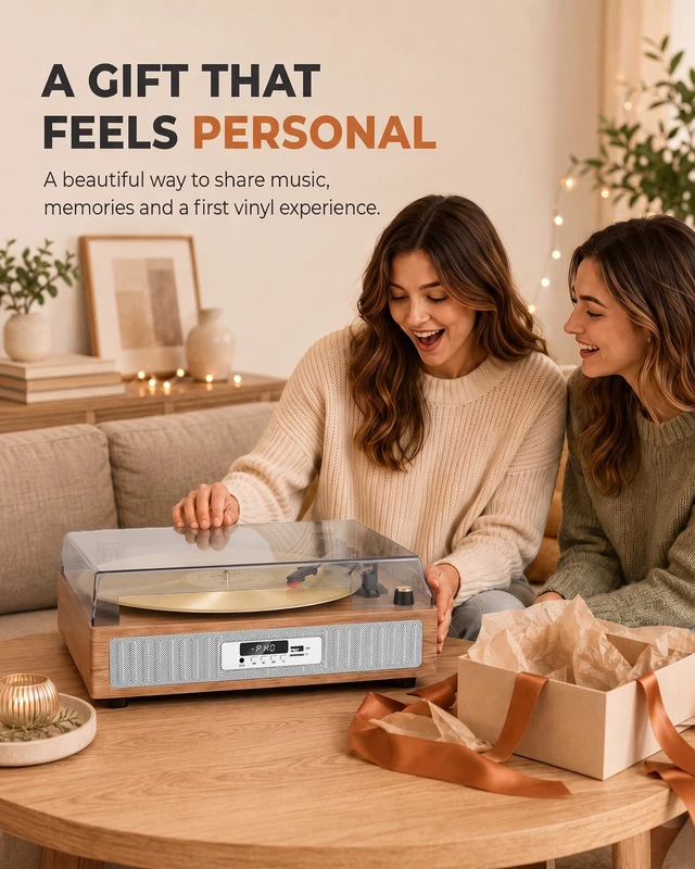 Alt view image 6 of 7 - VICTRESS Bluetooth Record Player, USB/TF Recording Turntable, Light Oak | Vinyl Player with Dual Speakers in Independent Chambers, 3 Speeds, Auto Stop, 5 EQ Modes, LED Display, AUX/RCA, Home Decor