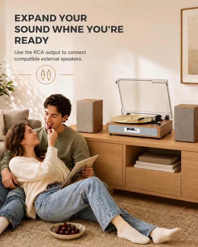 Alt view image 7 of 7 - VICTRESS Bluetooth Record Player, USB/TF Recording Turntable, Light Oak | Vinyl Player with Dual Speakers in Independent Chambers, 3 Speeds, Auto Stop, 5 EQ Modes, LED Display, AUX/RCA, Home Decor