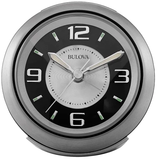 Main image of Bulova - 3.75" W x 3.75" H B5027 Lite Night Alarm Clock | Brushed Silver-Tone Case | Illuminated Dial | Luminous Hands | Quiet Sweep | Snooze Function