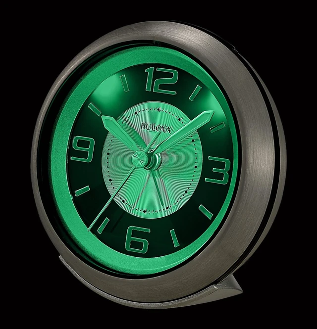 Alt view image 4 of 4 - Bulova - 3.75" W x 3.75" H B5027 Lite Night Alarm Clock | Brushed Silver-Tone Case | Illuminated Dial | Luminous Hands | Quiet Sweep | Snooze Function