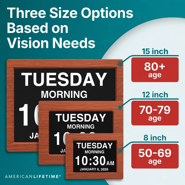 Alt view image 3 of 7 - American Lifetime 8" Digital Dementia Day Clock for Seniors, Brown Wood | 2026 model large display digital alarm clock with calendar, easy to read day of the week and date for elderly, wall or desk