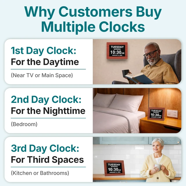 Alt view image 5 of 7 - American Lifetime 8" Digital Dementia Day Clock for Seniors, Brown Wood | 2026 model large display digital alarm clock with calendar, easy to read day of the week and date for elderly, wall or desk