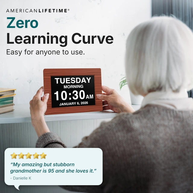 Alt view image 6 of 7 - American Lifetime 8" Digital Dementia Day Clock for Seniors, Brown Wood | 2026 model large display digital alarm clock with calendar, easy to read day of the week and date for elderly, wall or desk