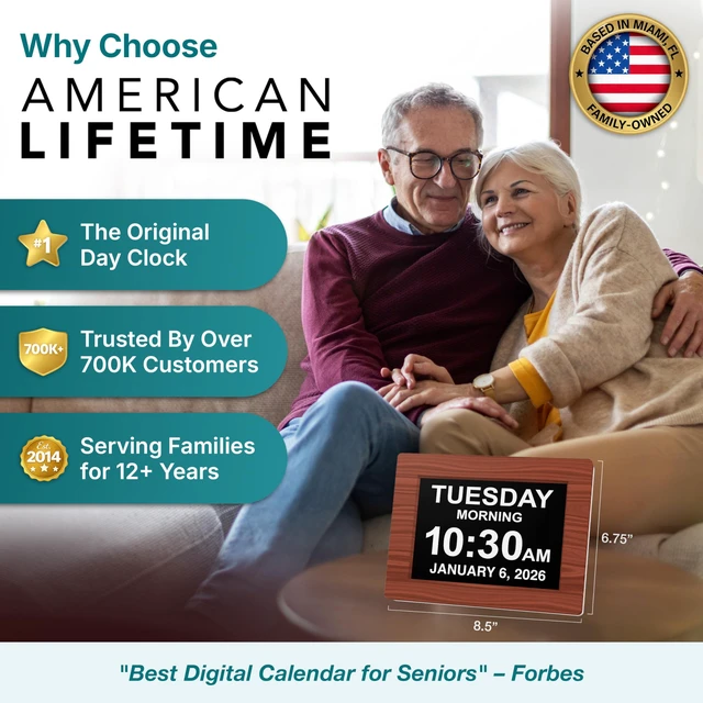 Alt view image 2 of 7 - American Lifetime 8" Digital Dementia Day Clock for Seniors, Brown Wood | 2026 model large display digital alarm clock with calendar, easy to read day of the week and date for elderly, wall or desk