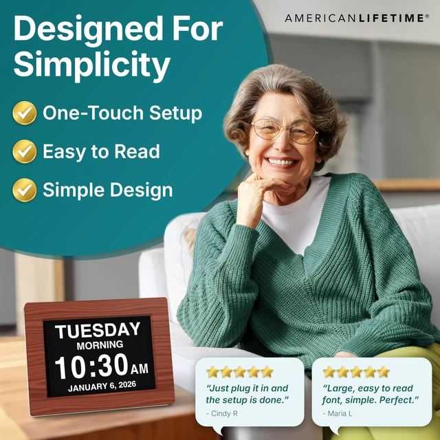 Alt view image 4 of 7 - American Lifetime 8" Digital Dementia Day Clock for Seniors, Brown Wood | 2026 model large display digital alarm clock with calendar, easy to read day of the week and date for elderly, wall or desk