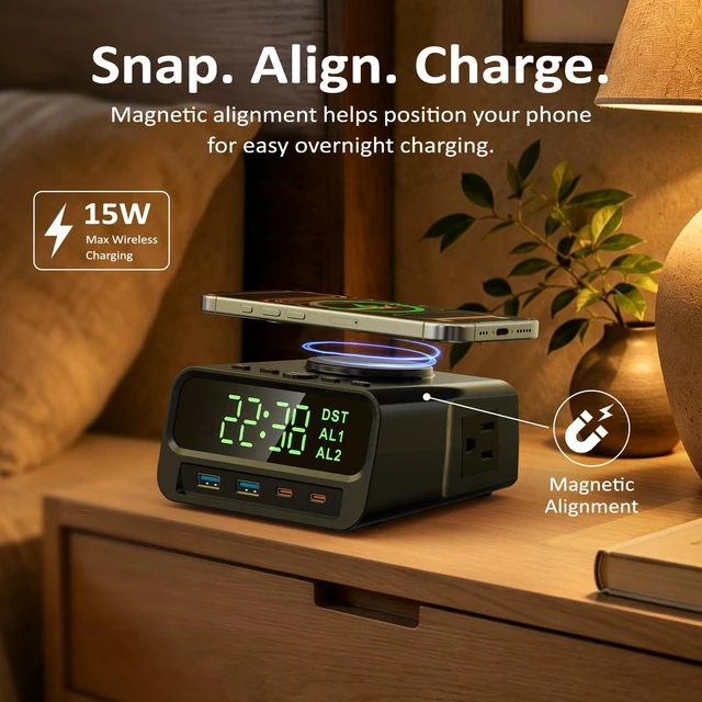 Alt view image 2 of 7 - XBA Digital Alarm Clock with 15W Magsafe Wireless Charging for Bedroom | Dual Alarms with Snooze, 4-Level Display Dimmer, 12/24H Time Format, Clean Nightstand Setup, bedroom/desk/guest room