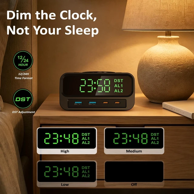 Alt view image 3 of 7 - XBA Digital Alarm Clock with 15W Magsafe Wireless Charging for Bedroom | Dual Alarms with Snooze, 4-Level Display Dimmer, 12/24H Time Format, Clean Nightstand Setup, bedroom/desk/guest room
