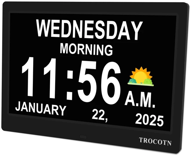 Main image of TROCOTN Dementia Clocks, Large Display Calendar Alarm Clock with Auto DST for Seniors, 5 Display Modes Large Font Digital Clock with Custom Alarms Day Date Clocks. (10 Inch Black)