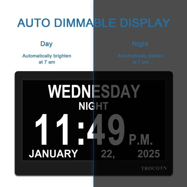 Alt view image 5 of 7 - TROCOTN Dementia Clocks, Large Display Calendar Alarm Clock with Auto DST for Seniors, 5 Display Modes Large Font Digital Clock with Custom Alarms Day Date Clocks. (10 Inch Black)