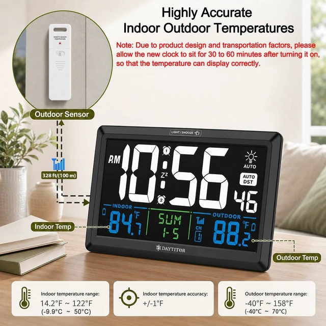 Alt view image 3 of 7 - Digital Wall Alarm Clock with Large Display,Backlight,Indoor/Outdoor Temp | Plug-in Power Wall Clock with Battery Backup, Date, Auto DST, Adjustable Brightless for Elderly Seniors Bedroom Office