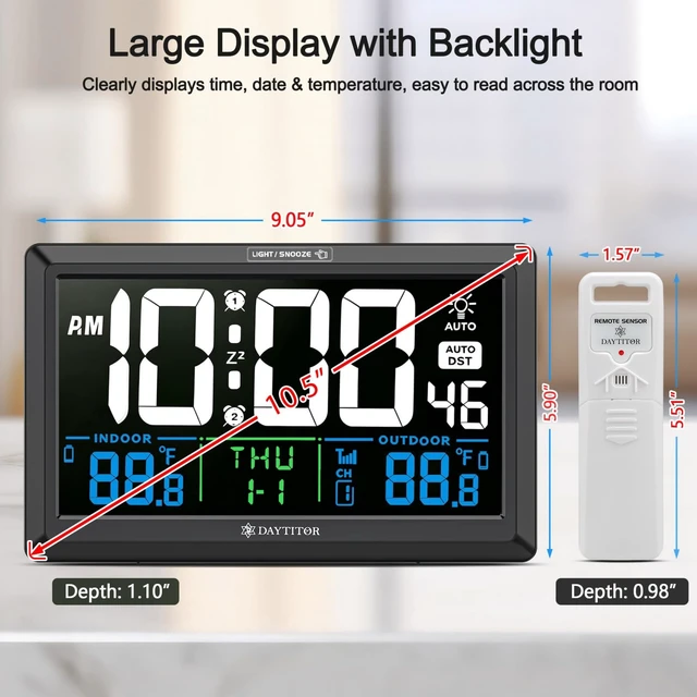 Alt view image 2 of 7 - Digital Wall Alarm Clock with Large Display,Backlight,Indoor/Outdoor Temp | Plug-in Power Wall Clock with Battery Backup, Date, Auto DST, Adjustable Brightless for Elderly Seniors Bedroom Office