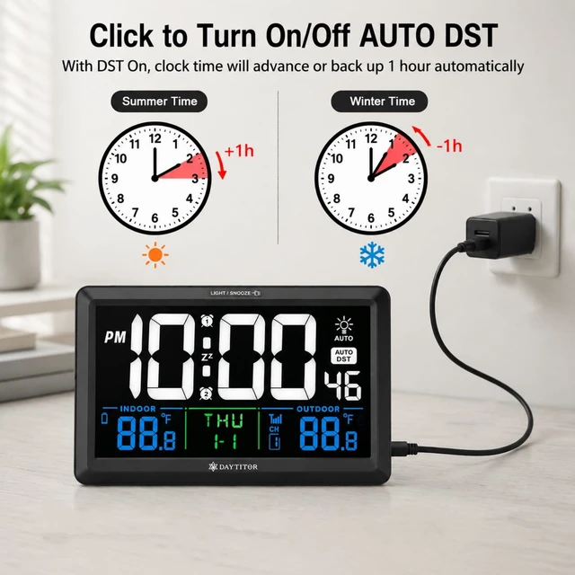 Alt view image 5 of 7 - Digital Wall Alarm Clock with Large Display,Backlight,Indoor/Outdoor Temp | Plug-in Power Wall Clock with Battery Backup, Date, Auto DST, Adjustable Brightless for Elderly Seniors Bedroom Office