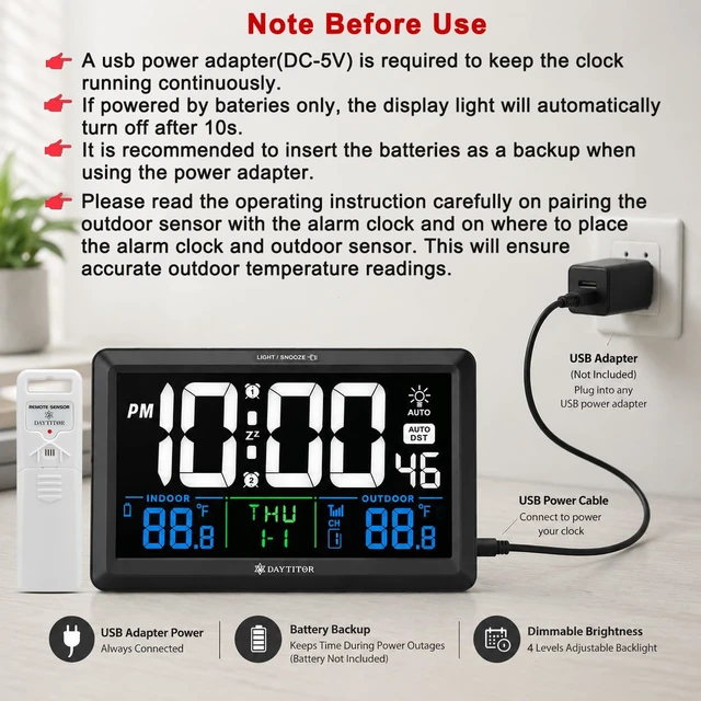 Alt view image 6 of 7 - Digital Wall Alarm Clock with Large Display,Backlight,Indoor/Outdoor Temp | Plug-in Power Wall Clock with Battery Backup, Date, Auto DST, Adjustable Brightless for Elderly Seniors Bedroom Office