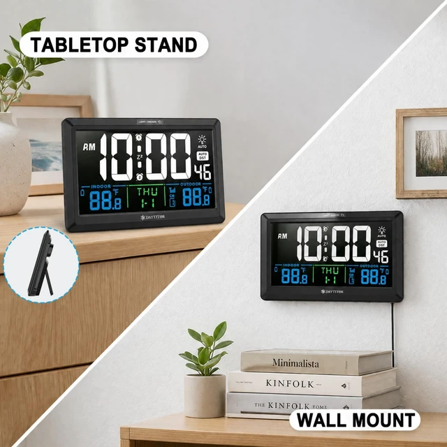 Alt view image 7 of 7 - Digital Wall Alarm Clock with Large Display,Backlight,Indoor/Outdoor Temp | Plug-in Power Wall Clock with Battery Backup, Date, Auto DST, Adjustable Brightless for Elderly Seniors Bedroom Office