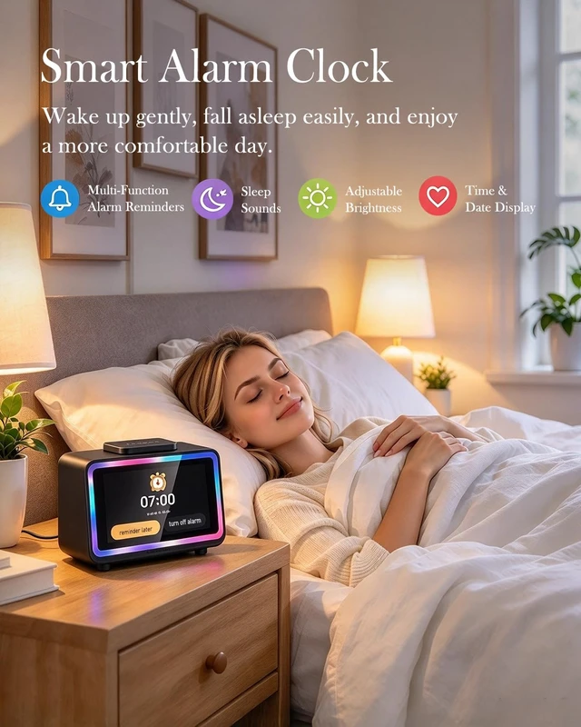 Alt view image 4 of 7 - AI Smart Touch Display, Digital Alarm Clock with Wireless Charging | 10 in 1 Bluetooth Speaker with AI Conversation, RGB Light, Digital Photo Frame, Weather, 4.5 Display for Bedroom Living Room
