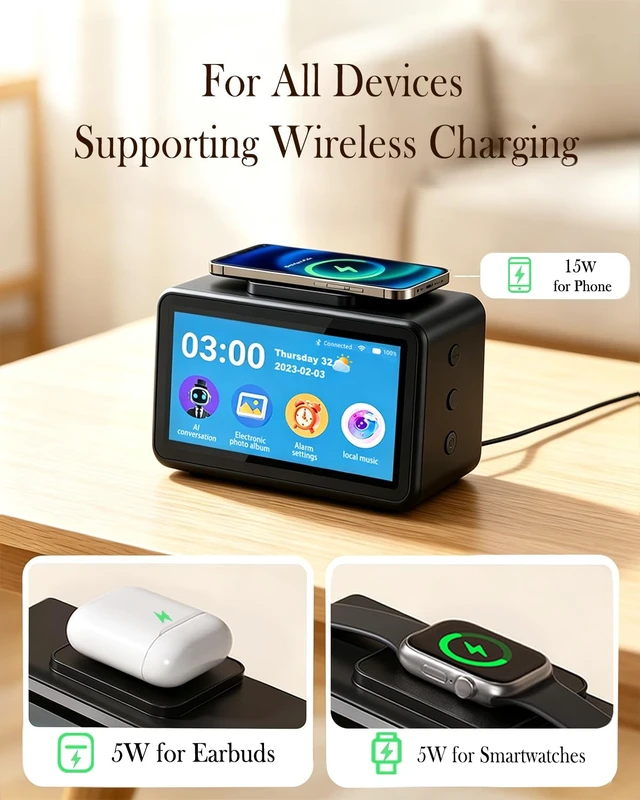 Alt view image 3 of 7 - AI Smart Touch Display, Digital Alarm Clock with Wireless Charging | 10 in 1 Bluetooth Speaker with AI Conversation, RGB Light, Digital Photo Frame, Weather, 4.5 Display for Bedroom Living Room