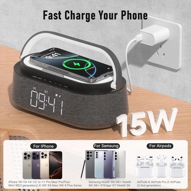 Alt view image 7 of 7 - Clock Bedroom with Wireless Charger Bluetooth Speaker FM Radio Light | 6 in 1 Digital Alarm Clock with Dimmable Night Light, Snooze, Dimmer 12 24H, 2500mAh battery, Gifts for Men Women Home Office