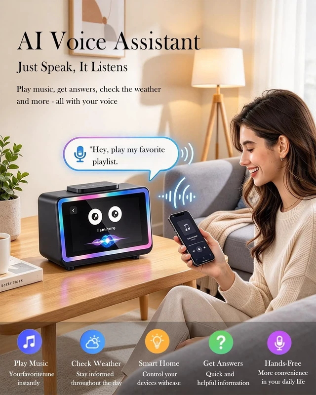 Alt view image 2 of 7 - AI Smart Touch Display, Digital Alarm Clock with Wireless Charging | 10 in 1 Bluetooth Speaker with AI Conversation, RGB Light, Digital Photo Frame, Weather, 4.5 Display for Bedroom Living Room