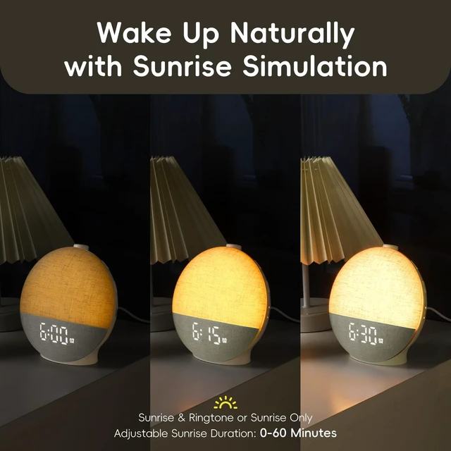 Alt view image 3 of 7 - Alarm Clock Wake Up Light, White Noise Machine with 30 Sleep Sounds | 0100% Dimmable Display, No App Required, 12-Color Night Light, 15180 Min Sleep Timer, Bluetooth Speaker, Soft Fabric Design