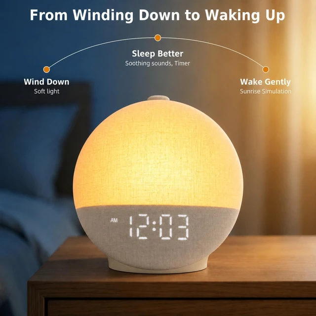 Alt view image 4 of 7 - Alarm Clock Wake Up Light, White Noise Machine with 30 Sleep Sounds | 0100% Dimmable Display, No App Required, 12-Color Night Light, 15180 Min Sleep Timer, Bluetooth Speaker, Soft Fabric Design
