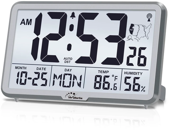 Main image of WallarGe Atomic Wall Clock with Backlight, Battery Operated | Large Digital Display, Indoor Temperature, Humidity, Date, AUTO DST, 6 Time Zones