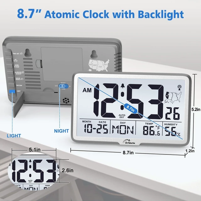 Alt view image 2 of 7 - WallarGe Atomic Wall Clock with Backlight, Battery Operated | Large Digital Display, Indoor Temperature, Humidity, Date, AUTO DST, 6 Time Zones