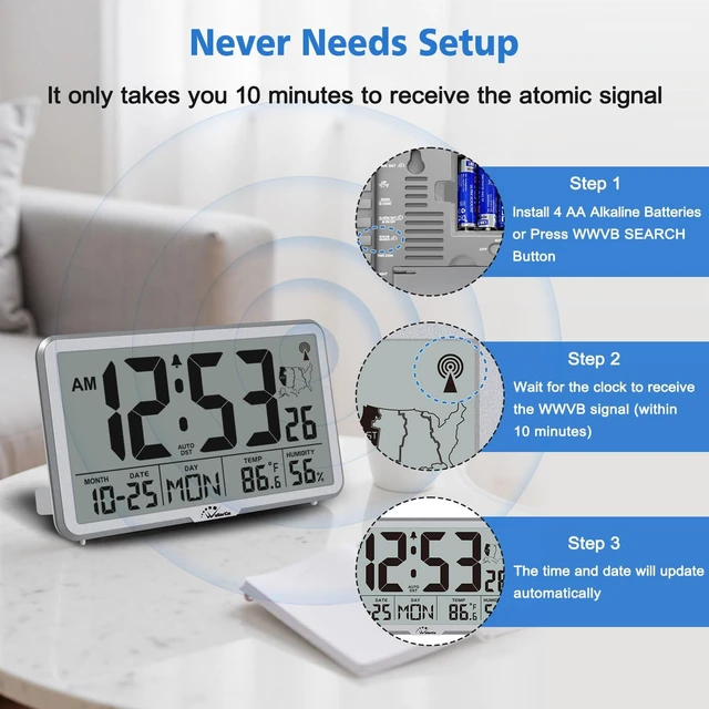 Alt view image 3 of 7 - WallarGe Atomic Wall Clock with Backlight, Battery Operated | Large Digital Display, Indoor Temperature, Humidity, Date, AUTO DST, 6 Time Zones