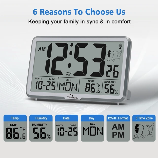 Alt view image 5 of 7 - WallarGe Atomic Wall Clock with Backlight, Battery Operated | Large Digital Display, Indoor Temperature, Humidity, Date, AUTO DST, 6 Time Zones