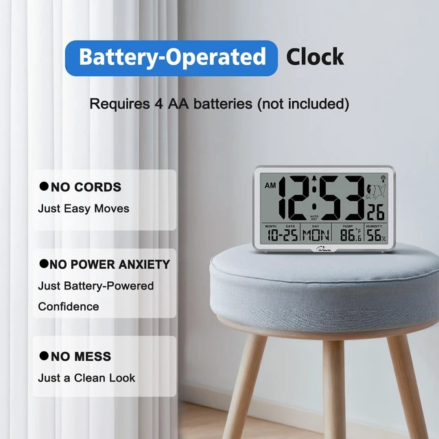Alt view image 6 of 7 - WallarGe Atomic Wall Clock with Backlight, Battery Operated | Large Digital Display, Indoor Temperature, Humidity, Date, AUTO DST, 6 Time Zones