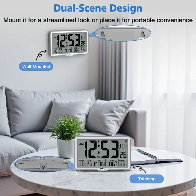 Alt view image 7 of 7 - WallarGe Atomic Wall Clock with Backlight, Battery Operated | Large Digital Display, Indoor Temperature, Humidity, Date, AUTO DST, 6 Time Zones