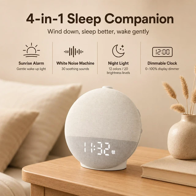 Alt view image 2 of 7 - Alarm Clock Wake Up Light, White Noise Machine with 30 Sleep Sounds | 0100% Dimmable Display, No App Required, 12-Color Night Light, 15180 Min Sleep Timer, Bluetooth Speaker, Soft Fabric Design