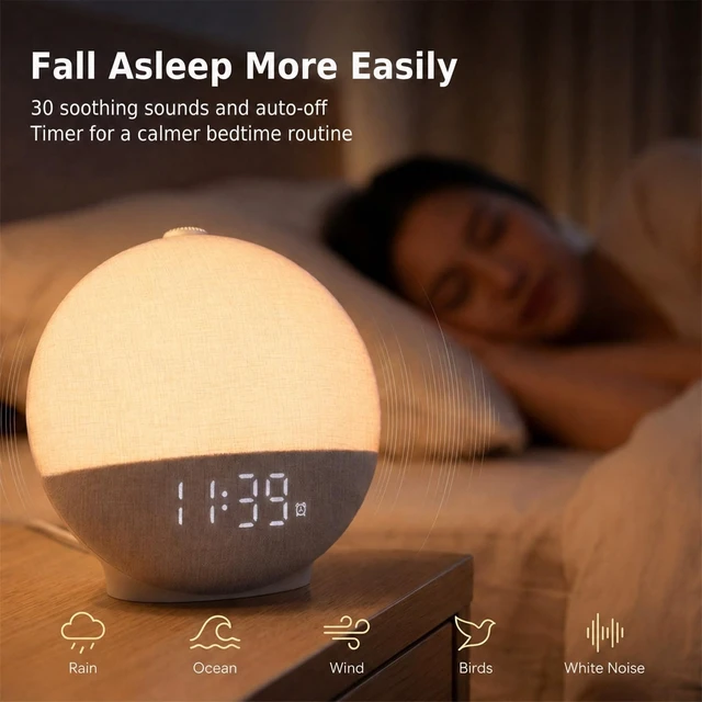 Alt view image 5 of 7 - Alarm Clock Wake Up Light, White Noise Machine with 30 Sleep Sounds | 0100% Dimmable Display, No App Required, 12-Color Night Light, 15180 Min Sleep Timer, Bluetooth Speaker, Soft Fabric Design