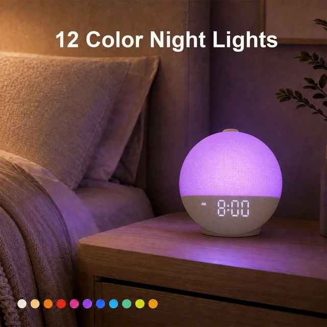 Alt view image 7 of 7 - Alarm Clock Wake Up Light, White Noise Machine with 30 Sleep Sounds | 0100% Dimmable Display, No App Required, 12-Color Night Light, 15180 Min Sleep Timer, Bluetooth Speaker, Soft Fabric Design